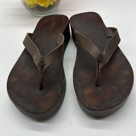 OluKai Ao Loa Brown Leather Platform Flip Flops Size 8 FFFT6817 - Picture 2 of 7